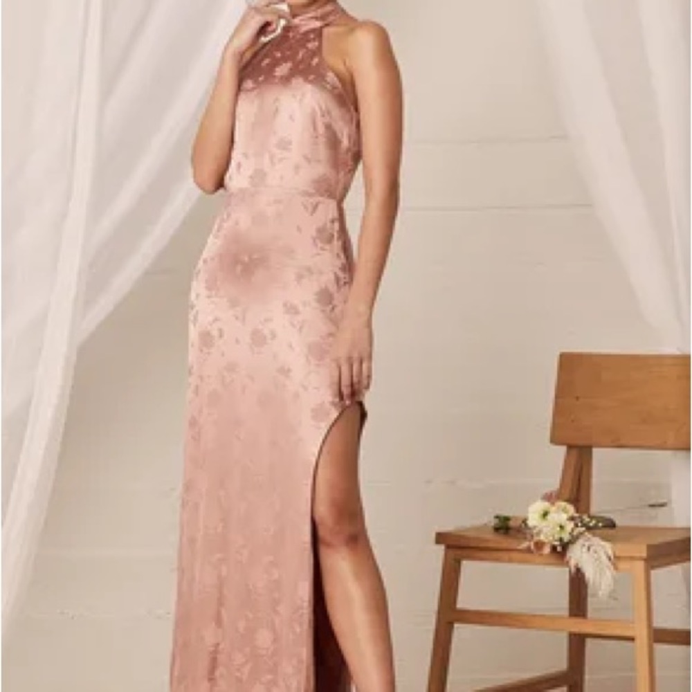 Lulu’s Red Carpet Ready Floral Satin Jacquard Halter Dress